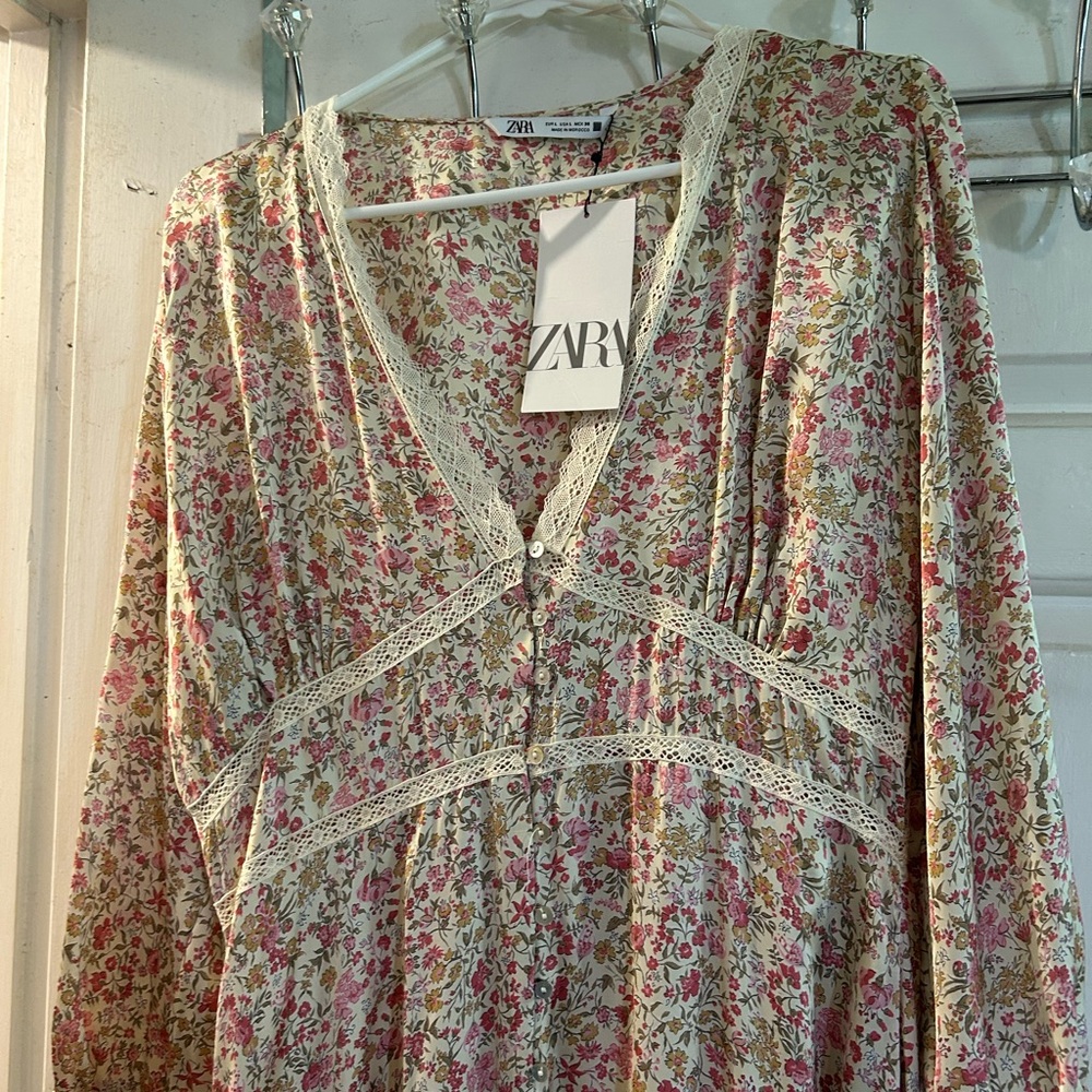 Zara Floral Maxi Dress in Cream with Pink and Green Print - Picture 2 of 4